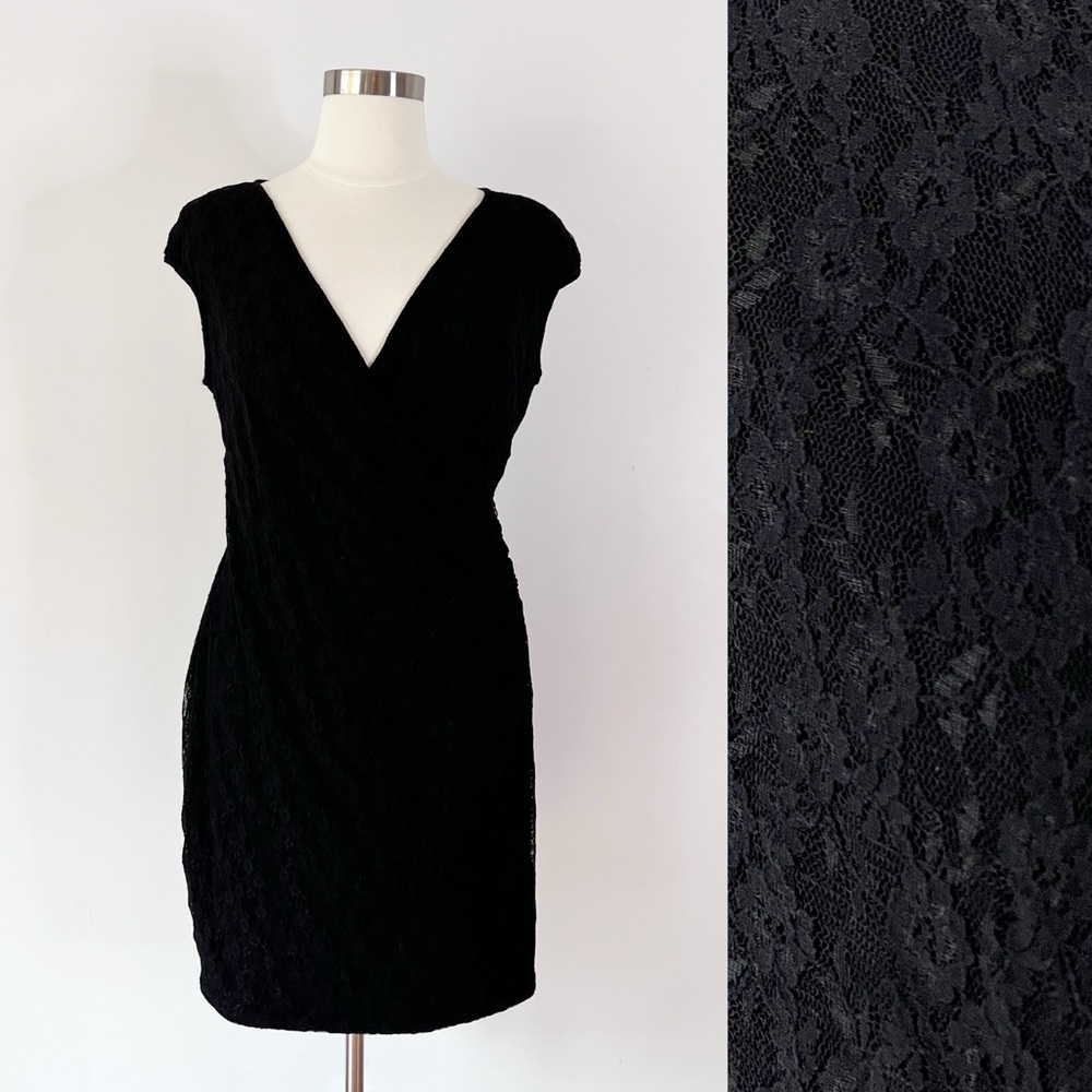 Chaps Sheath Dress Black Floral Lace Ruched Surplice V-Neck Plus Size 18W